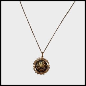Vintage Damascene Bird and Floral Pendant Necklace